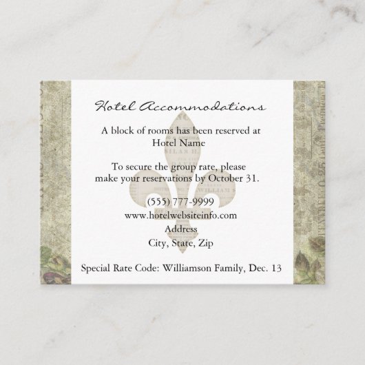 ヴィンテージのフランス人のばら色の宿泊施設カード エンクロージャーカード (正面)