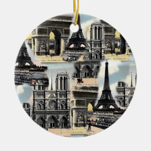 ヴィンテージのフランス人のパリ旅行コラージュのエッフェル塔 セラミックオーナメント (正面)