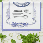 ヴィンテージのフランス人のプレート及び食事用器具類の台所タオルの青 キッチンタオル (折り畳み)