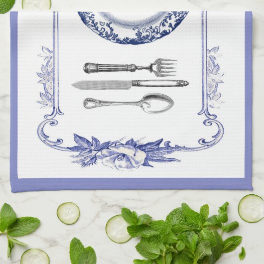 ヴィンテージのフランス人のプレート及び食事用器具類の台所タオルの青 キッチンタオル (折り畳み)