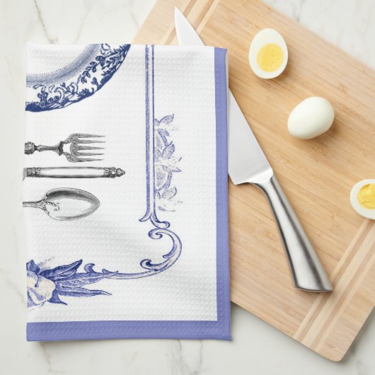 ヴィンテージのフランス人のプレート及び食事用器具類の台所タオルの青 キッチンタオル (四つ折り)