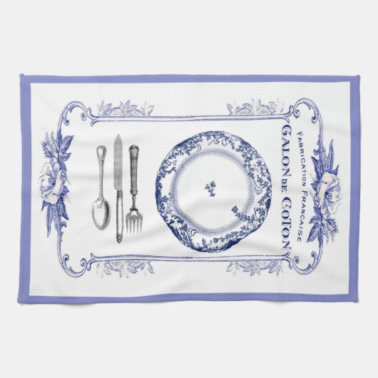 ヴィンテージのフランス人のプレート及び食事用器具類の台所タオルの青 キッチンタオル (横)