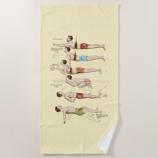 ヴィンテージのフランス人の泳ぐ人を泳ぐ方法 ビーチタオル (正面)