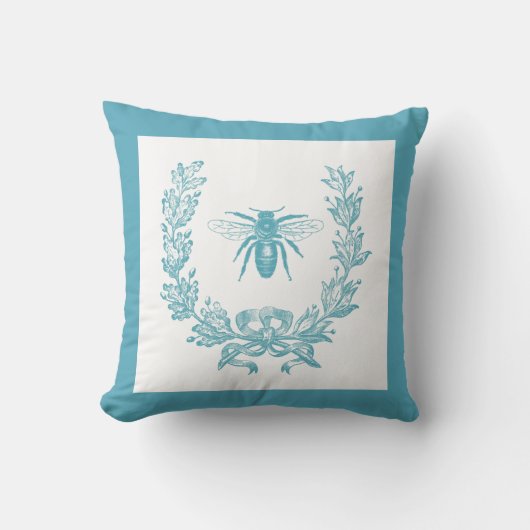 ヴィンテージのフランス語は蜂と20 x 20"を枕ティール（緑がかった色）包みます クッション (正面)