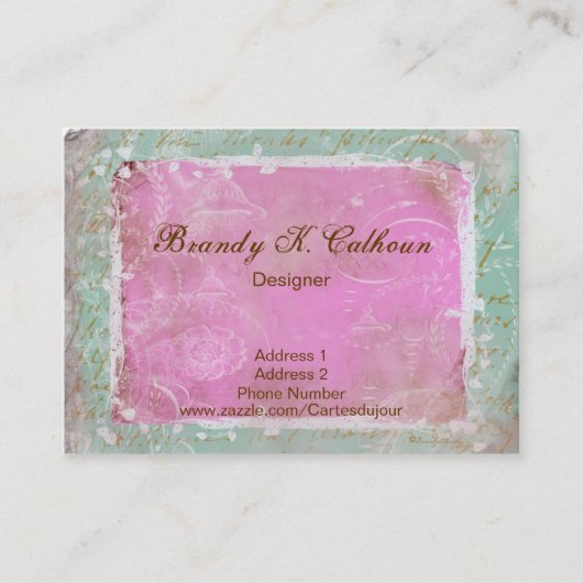 ヴィンテージのフランス語Toile及び原稿の緑がかった青及びピンク 名刺 (正面)