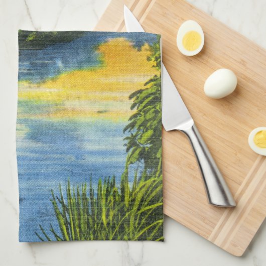 ヴィンテージのフロリダのヤシの木の日没の台所ふきん キッチンタオル (四つ折り)