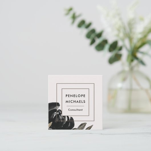 ヴィンテージのフローラをグレー淡い色のの背景に表示 スクエア名刺 (スタンド正面)