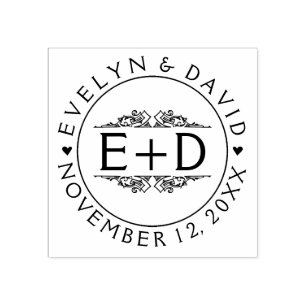 ヴィンテージのフローリングのフレーム、イニシャル、およびハート結婚の ラバースタンプ