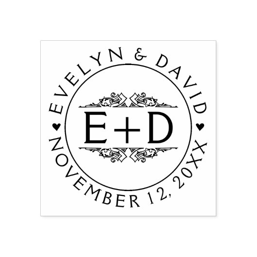 ヴィンテージのフローリングのフレーム、イニシャル、およびハート結婚の ラバースタンプ (インプリント)