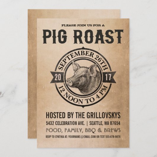 ヴィンテージのブタのローストの招待状 招待状 (正面/裏面)