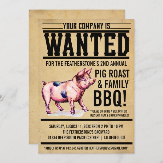 ヴィンテージのブタのロースト家族BBQの招待状 招待状 (正面/裏面)