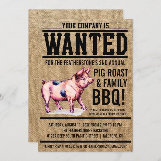 ヴィンテージのブタのロースト家族BBQの招待状 招待状 (正面/裏面)