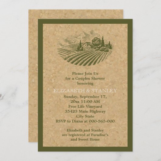 ヴィンテージのブドウ園とコルク結婚のカップルのシャワー 招待状 (正面/裏面)