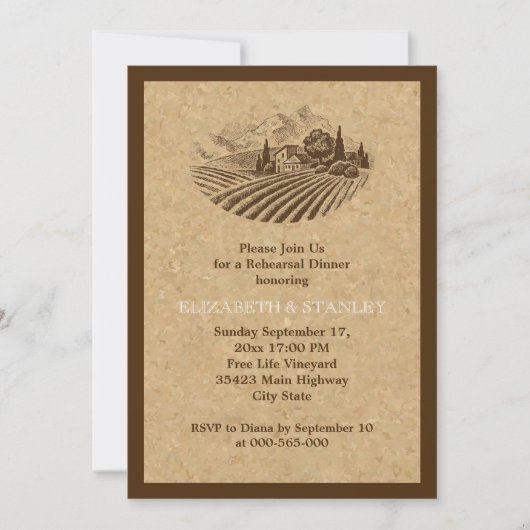 ヴィンテージのブドウ園とコ結婚ークのリハーサルディナー 招待状 (正面)