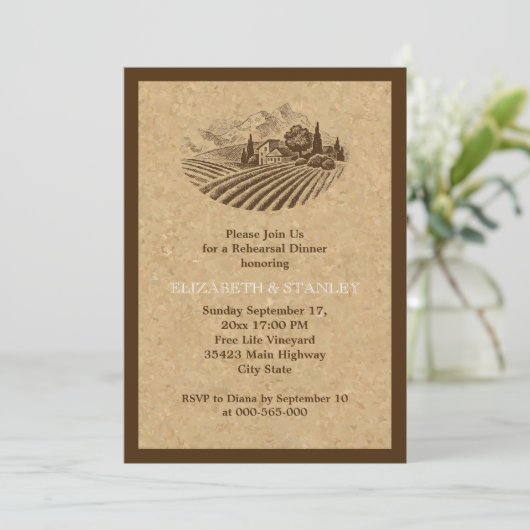 ヴィンテージのブドウ園とコ結婚ークのリハーサルディナー 招待状 (スタンド正面)