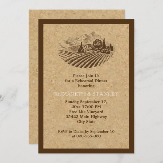 ヴィンテージのブドウ園とコ結婚ークのリハーサルディナー 招待状 (正面/裏面)