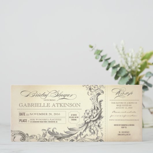 ヴィンテージのブライダルシャワーは招待状に札をつけます 招待状 (スタンド正面)