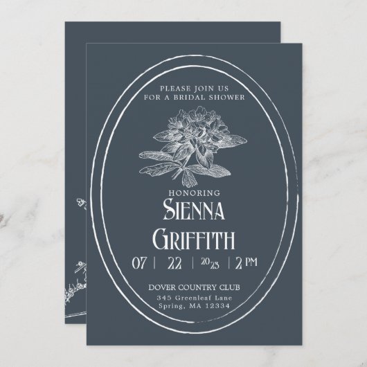 ヴィンテージのブライダルシャワー招待 |ダスティー海軍 招待状 (正面/裏面)