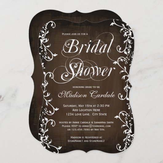 ヴィンテージのブラウンのエレガントなつる植物のブライダルシャワーの招待 招待状 (正面/裏面)