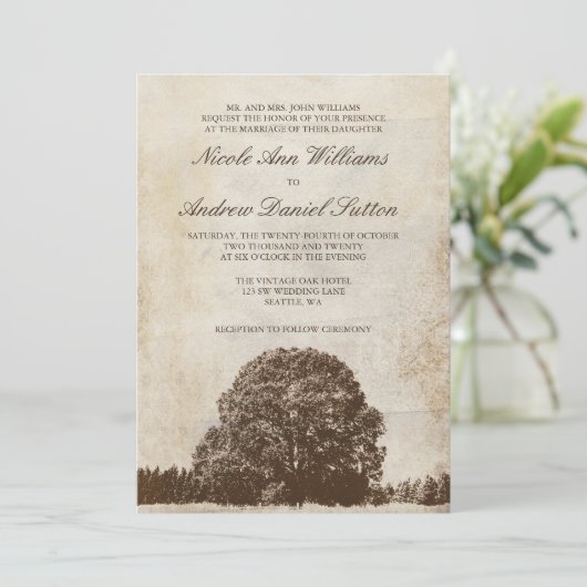 ヴィンテージのブラウンのオークの木の結婚式招待状 招待状 (スタンド正面)
