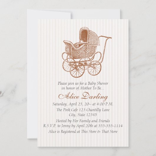 ヴィンテージのブラウンの乳母車のベビーシャワー 招待状 (正面)