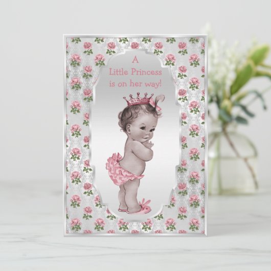 ヴィンテージのプリンセスのピンクのバラの銀製のベビーシャワー 招待状 (スタンド正面)