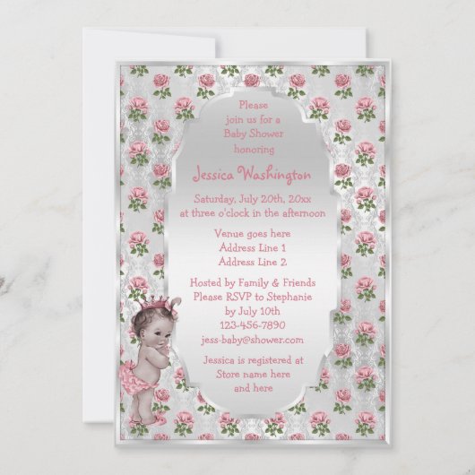 ヴィンテージのプリンセスのピンクのバラの銀製のベビーシャワー 招待状 (裏面)
