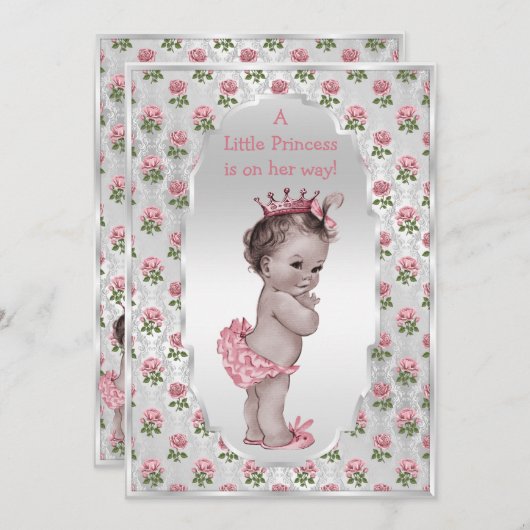 ヴィンテージのプリンセスのピンクのバラの銀製のベビーシャワー 招待状 (正面/裏面)
