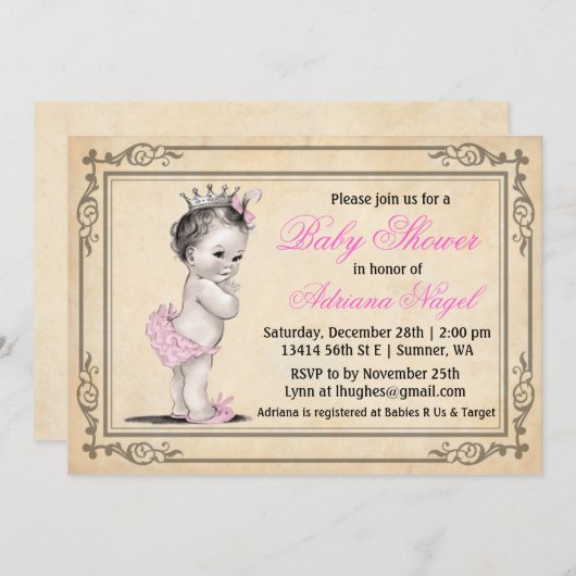ヴィンテージのプリンセスの女の子のベビーシャワー招待状 招待状 (正面/裏面)