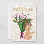 ヴィンテージのプリンセスの女の赤ちゃんを持つピンクのチューリップ 招待状 (正面)