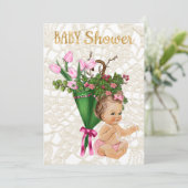 ヴィンテージのプリンセスの女の赤ちゃんを持つピンクのチューリップ 招待状 (スタンド正面)