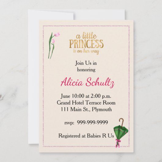 ヴィンテージのプリンセスの女の赤ちゃんを持つピンクのチューリップ 招待状 (裏面)
