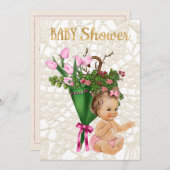 ヴィンテージのプリンセスの女の赤ちゃんを持つピンクのチューリップ 招待状 (正面/裏面)