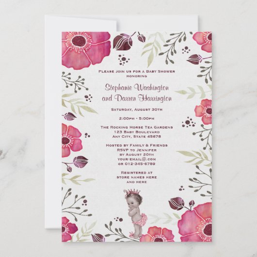 ヴィンテージのプリンセスの水彩画のケシのベビーシャワー 招待状 (裏面)