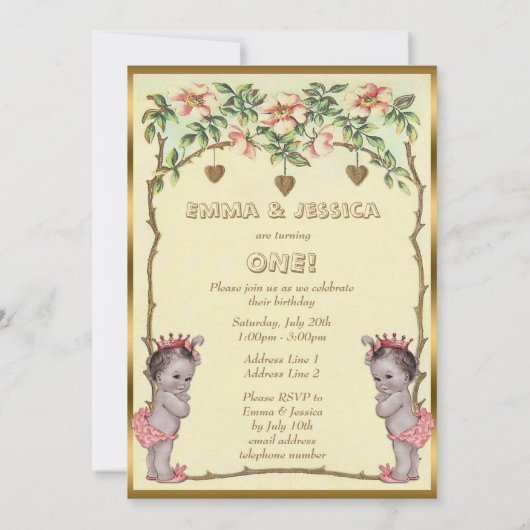 ヴィンテージのプリンセスは誕生日のバラ及びハートを結び付けます 招待状 (裏面)