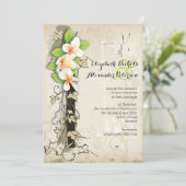 ヴィンテージのプルメリアとアイビーのカスタムベージュウェディング 招待状 (スタンド正面)