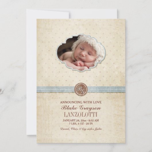 ヴィンテージのベビーの写真の誕生の発表 案内状 (正面)