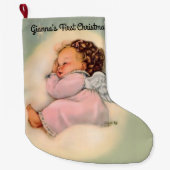 ヴィンテージのベビーの天使の女の子の初めてのクリスマス ラージクリスマスストッキング (正面)