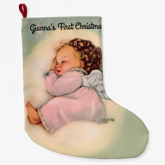 ヴィンテージのベビーの天使の女の子の初めてのクリスマス ラージクリスマスストッキング (正面)