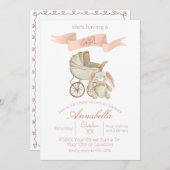 ヴィンテージのベビーカーとウサギの赤ちゃん女の子 招待状 (正面/裏面)