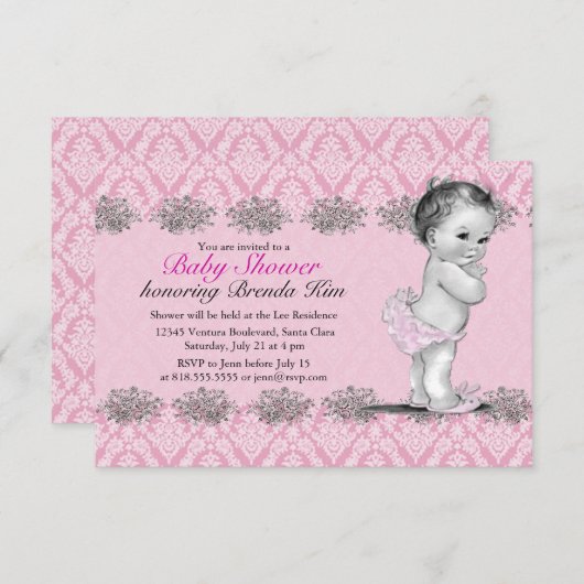 ヴィンテージのベビーシャワーのピンクの招待状 招待状 (正面/裏面)