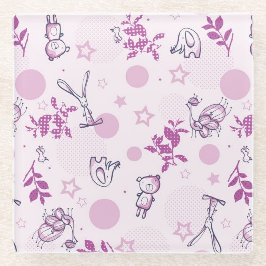 ヴィンテージのベビー動物を表示するパターン ガラスコースター (正面)