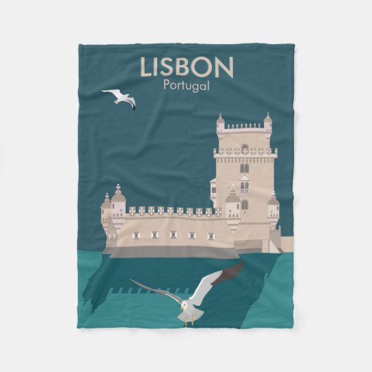 ヴィンテージのベルムのリスボンタワーのポスタースタイル フリースブランケット (正面)