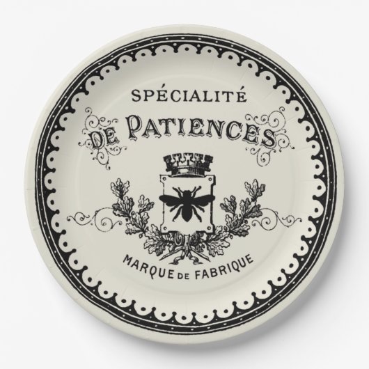 ヴィンテージのベージュ色のフランスのなレタリングの蜂及び王冠 ペーパープレート (正面)