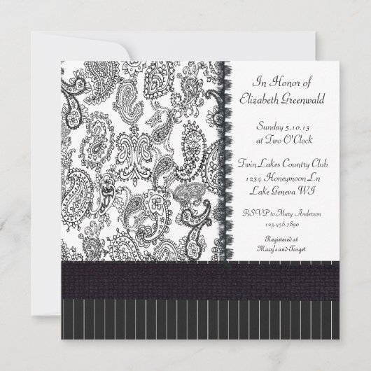 ヴィンテージのペイズリーのHatboxの白黒のブライダルシャワー 招待状 (裏面)
