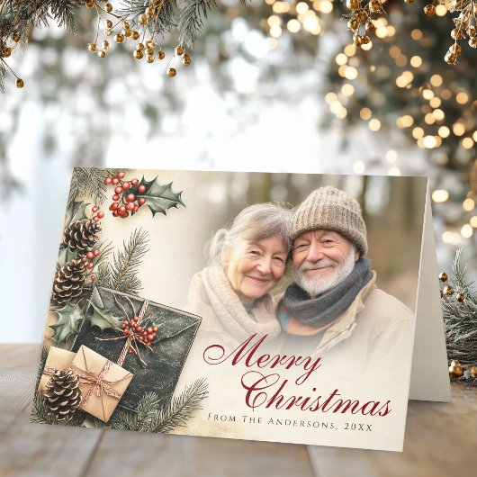 ヴィンテージのホリーベリー ベージュの写真 クリスマス折り紙 シーズンカード