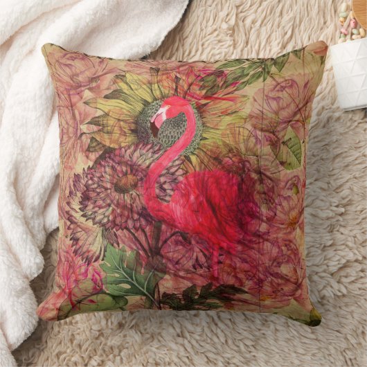 ヴィンテージのボヘミアの花の熱帯ピンクのフラミンゴ クッション (ブランケット)