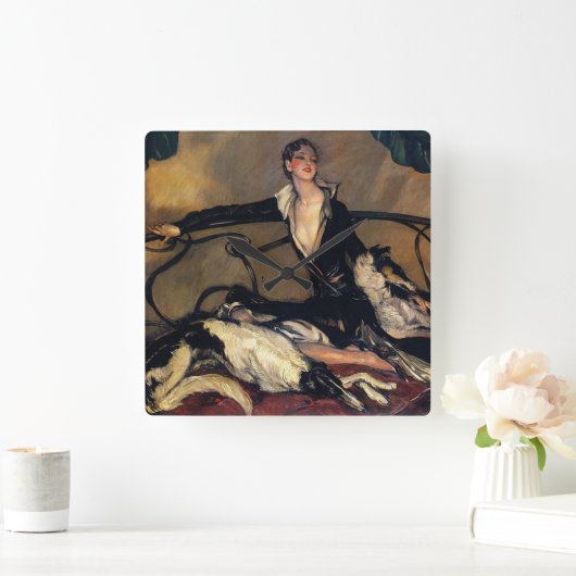 ヴィンテージのボルゾイおよび女性の時計 スクエア壁時計 (ホーム)