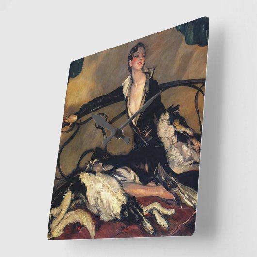 ヴィンテージのボルゾイおよび女性の時計 スクエア壁時計 (傾斜)