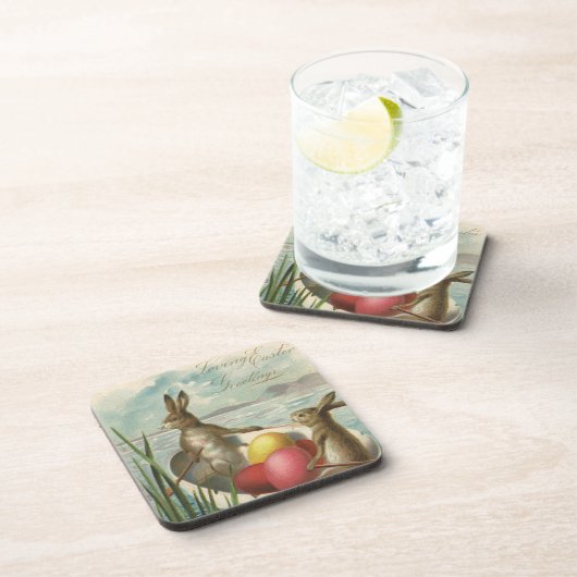 ヴィンテージのボートのバンニー、愛するイースターの挨拶 コースター (右側)